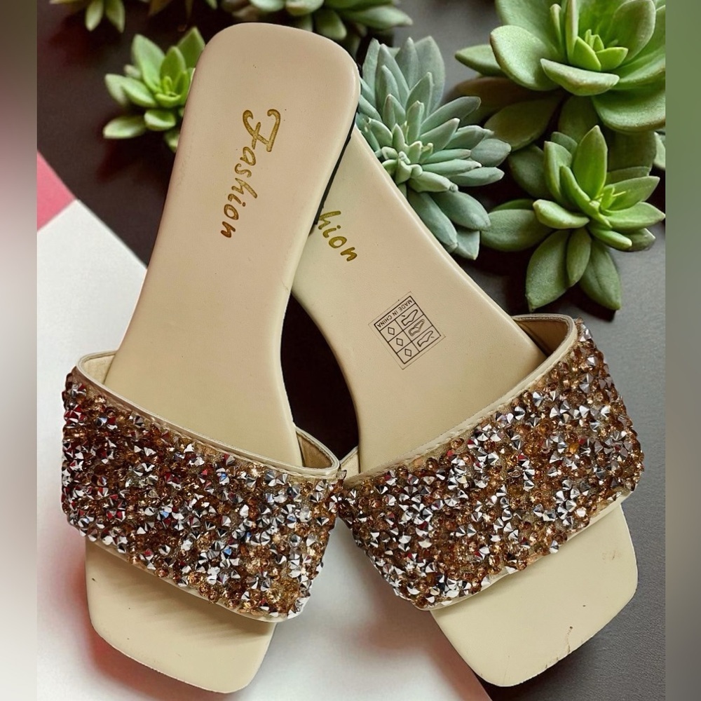 Women's Cream and Gold Embellished Slides